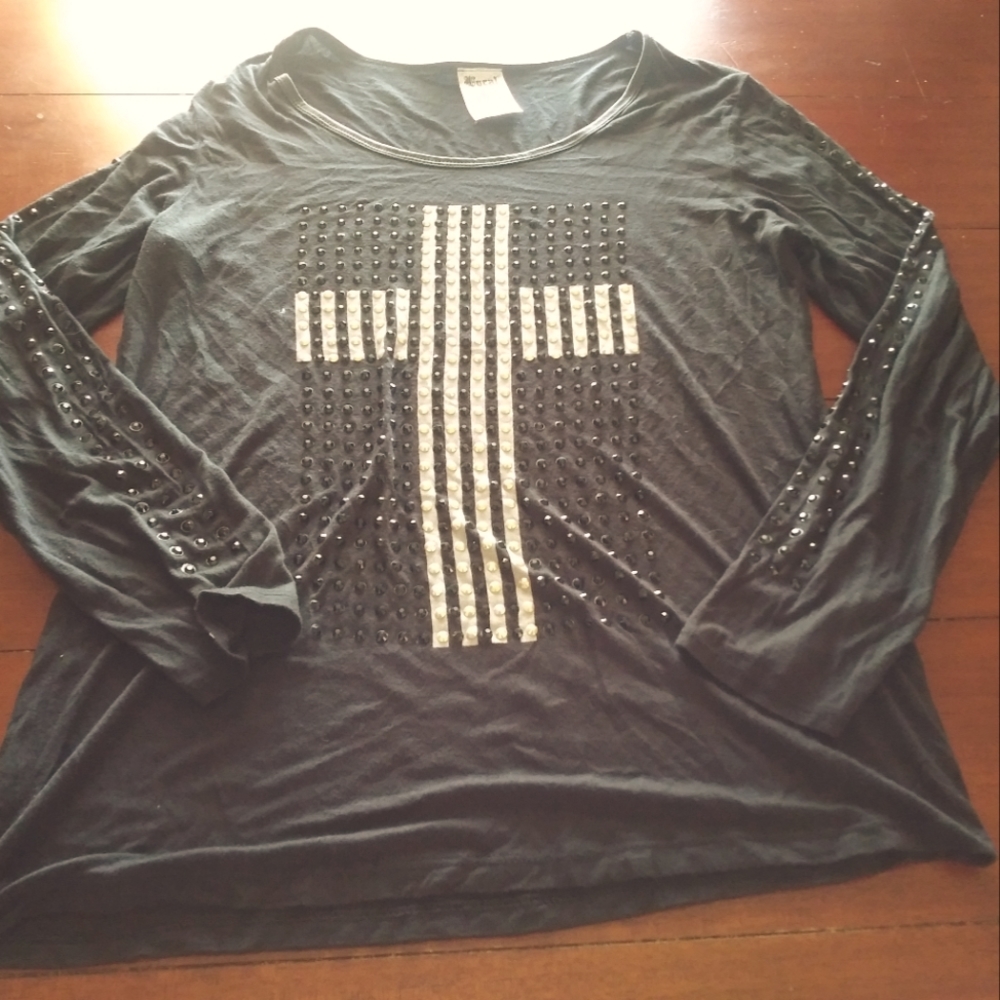 Vocal Black Long Sleeve Cross Embellished Rhinestone Tunic 1X